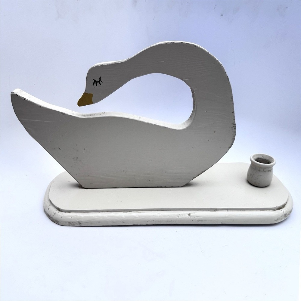 VTG 80s Handmade Wooden Goose Taper Candle Holder Country Cottage Farmhouse Bird